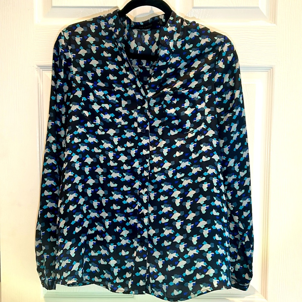 THE LIMITED NAVY TEAL SILVER LONG SLEEVE WOMEN Tunic FLORAL TOP BLOUSE SIZE M